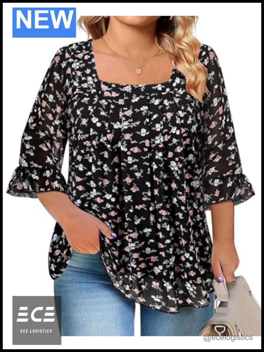 Plus Size Chiffon Blouse Square Neck 3/4 Sleeve Tunic Top